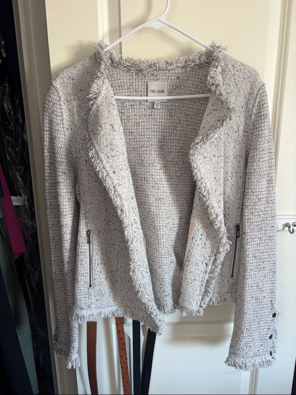NIC+ZOE Textured Fringe Open-Front Jacket in Light Gray